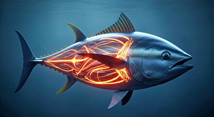 Photorealistic Powerful Tuna Fish Swimming in Dark Ocean Water