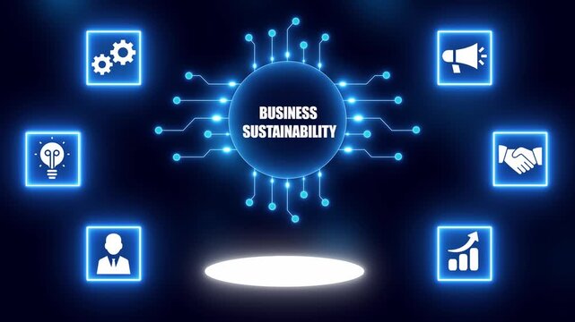 Business Sustainability Concept With Icons And Glowing Circuit Board In Center On Dark Blue Background