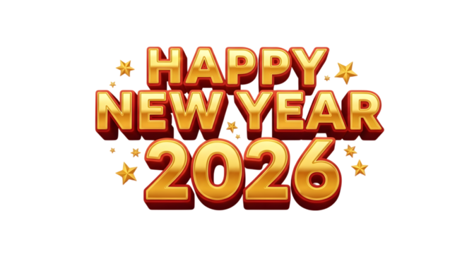 Golden happy new year 2026 text with stars isolated on transparent background