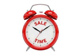 Red alarm clock with the words sale time on its face, isolated on transparent background