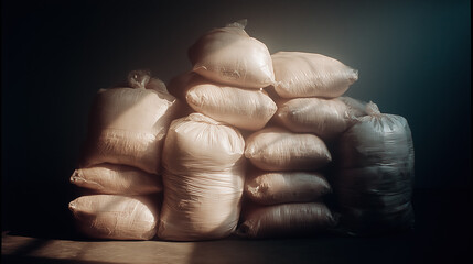 Stacked white plastic bags in dimly lit industrial setting