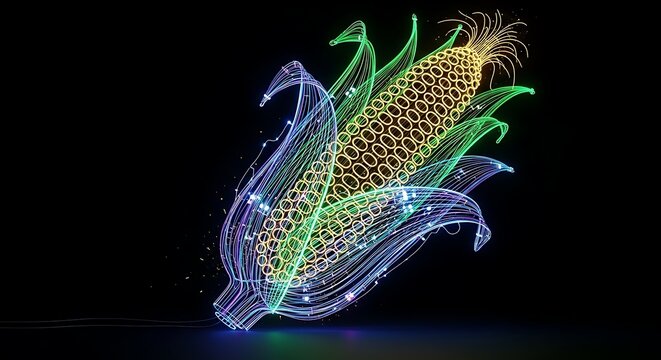 Glowing neon corn cob with husk and kernels on a black background in a modern digital rendering