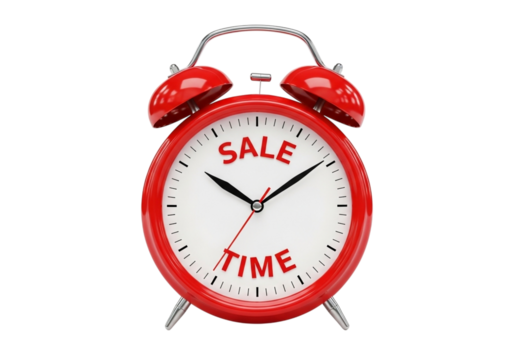 Red alarm clock with the words sale time on its face, isolated on transparent background