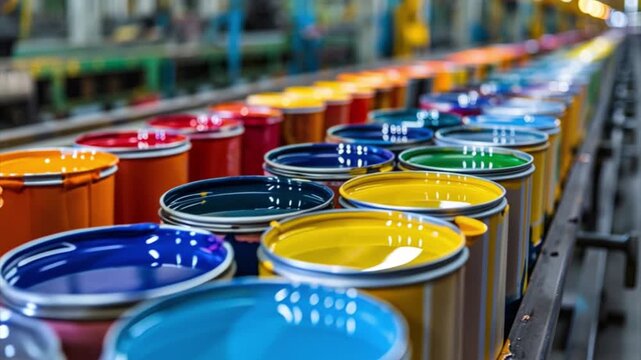 In a manufacturing facility, a long line of colorful paint cans is displayed. The vibrant colors indicate various paint types ready for distribution to retailers or customers