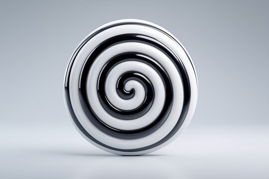 Black and white spiral abstract design with concentric pattern on gray background