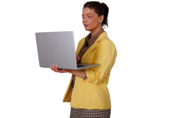 Businesswoman standing operating laptop, working remotely, connecting with technology, online business, professional networking