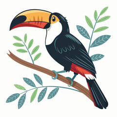 Colorful Cartoon Toucan Perched on Green Branch with Yellow Beak