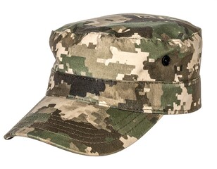 Camouflage patterned patrol cap with a short brim on a white isolated background