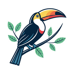 Colorful Cartoon Toucan Perched on Green Branch with Yellow Beak