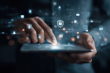 Close-up of hands holding a tablet, security icons