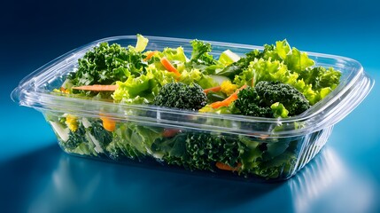 Fresh mixed greens and vegetables are packed tightly within a clear plastic takeout container