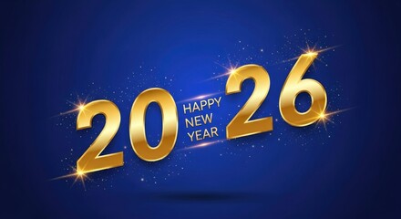 Golden year two thousand twenty six on a blue background with sparkling light effects around it