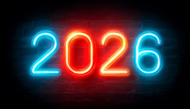 Neon 2026 sign glowing brightly in blue and red against a dark brick wall. Perfect for new year, future, celebration, or technology themes. Vibrant and modern design.