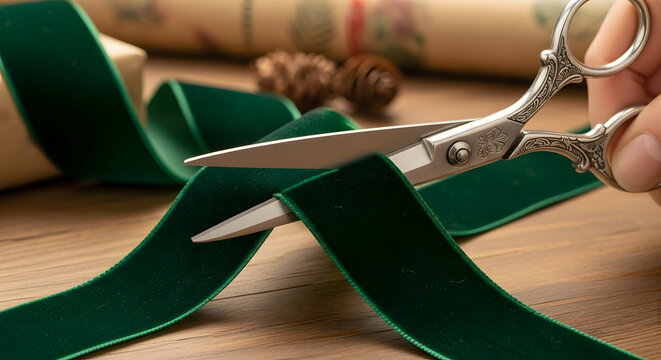 A hand cutting a green velvet ribbon with ornate scissors on a wooden table, Preparing for Christmas with elegant velvet ribbon and decorative scissors