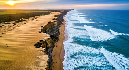 Aerial View of Dramatic Coastal Cliff and Golden Sandy Shore