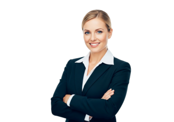 Professional blonde businesswoman with arms crossed, smiling confidently, isolated on transparent background