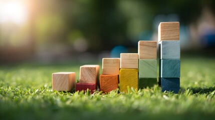 Stacked colorful blocks form a rising bar chart shape upon vibrant green grass with sunlight filtering in the background