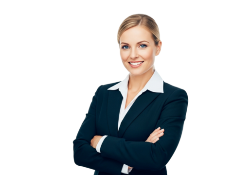 Professional blonde businesswoman with arms crossed, smiling confidently, isolated on transparent background