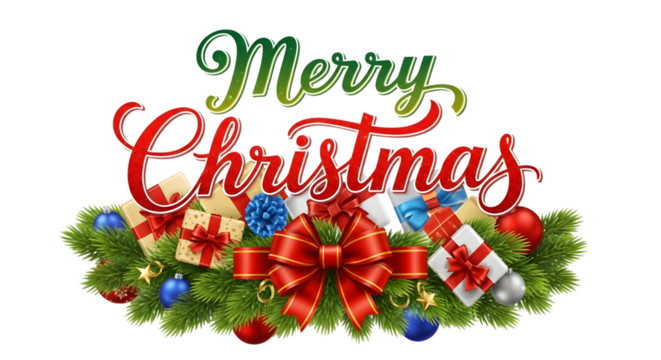Merry christmas festive greeting with gifts and ornaments isolated on transparent background