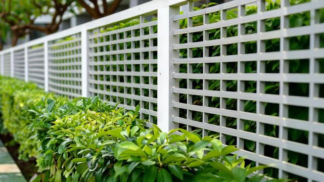 Vibrant green plants line a modern fence featuring intricate design details, creating a serene atmosphere in the surrounding area