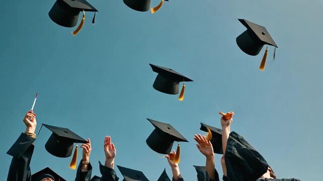 Graduates throwing mortarboards into a clear blue sky, celebrating