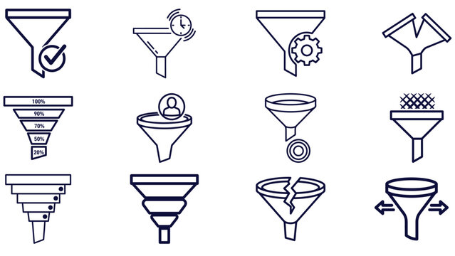 Funnel icons variations in black &mdash; conversion stages for leads, acquisition, retention and growth optimization