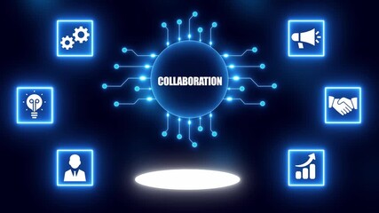 Digital network connecting icons for collaboration with central text and glowing effect teamwork partnership - Powered by Adobe