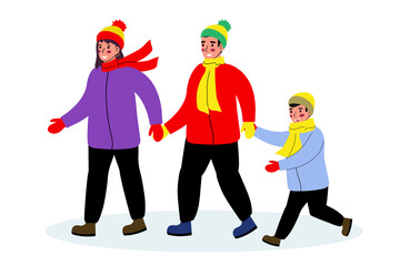 Family enjoys a winter walk together dressed warmly in colorful clothes during a snowy day