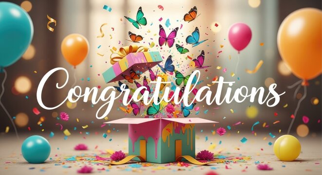 Celebratory image with congratulations text balloons butterflies and a colorful gift box