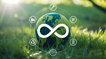 Sustainable Earth with Circular Economy Symbols on Green Grass, Envisioning a Future of Eco-Friendly Manufacturing and Responsible Consumption
