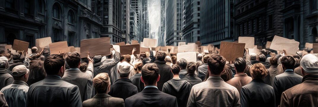 A large crowd gathers in a city street, holding up blank signs, indicating a protest or demonstration focused on social issues.