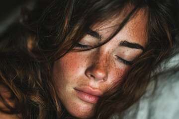 Young woman sleeping peacefully with freckles and wavy hair