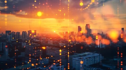 Futuristic cityscape at sunset with glowing digital data particles overlay. Urban skyline representing global network, technology, and connectivity. - Powered by Adobe