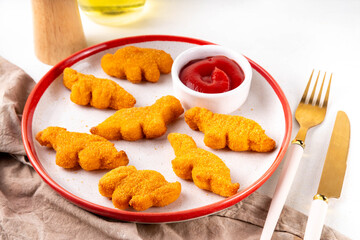Tasty kids food, dinosaur shaped chicken nuggets. Plate with dino nuggets and sauce and vegetables, healthy and fun air fried dino nuggets