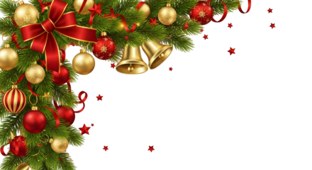 Christmas tree branch with ornaments and bells isolated on transparent background