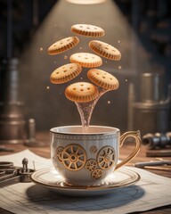 Steampunk teacup with floating biscuits and golden gears on blueprint cookie