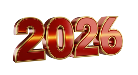 Red and gold 3d number 2026 isolated on transparent background
