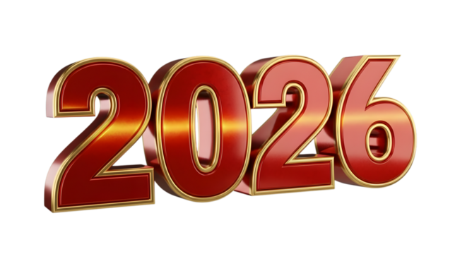 Red and gold 3d number 2026 isolated on transparent background