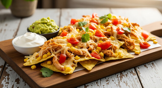 Close-up of loaded nachos on a wooden board, topped with chicken, cheese, corn, tomatoes, cilantro, guacamole, and sour cream.