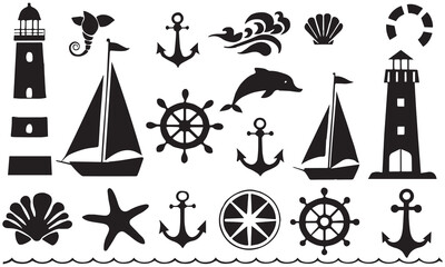 Nautical Silhouette Vector Set | Lighthouse, Anchor, Ship, and Sea Life Icons