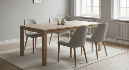 Modern wooden dining table and chairs in a bright, airy room, creating a clean and inviting dining space