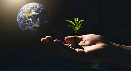 Hand Holding Small Sapling with Planet Earth in Background
