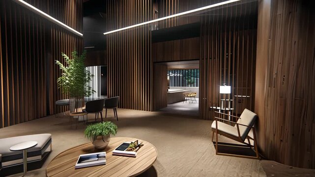 Discover a beautifully designed living space featuring wood accents, contemporary furniture, and an inviting atmosphere for relaxation