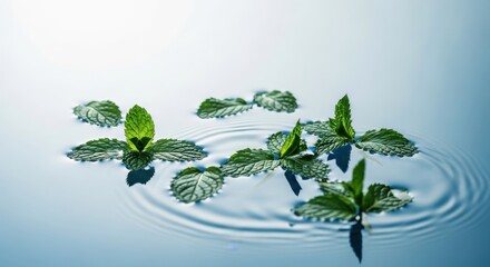 Fresh green leaves gently resting on a crystal-clear water surface, evoking a sense of tranquility and natural purity, with subtle ripples symbolizing growth and renewal