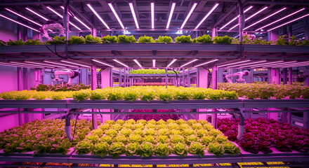 Futuristic Vertical Farm with Lettuce Growing Under LED Lights