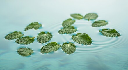 Fresh Mint Leaves Floating on Rippling Water Surface - A Serene and Refreshing Natural Scene