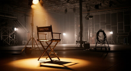 Director's chair in the center of a dark film studio with dramatic lighting.