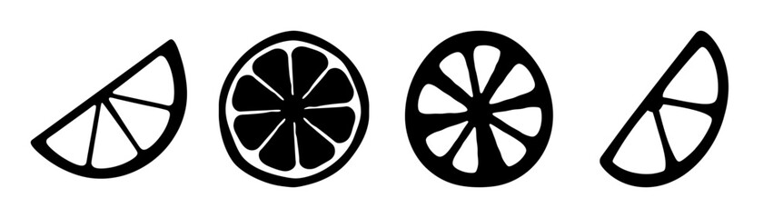 Obraz premium Black and white graphic illustration of four citrus slices, including two full slices and two wedges, on a