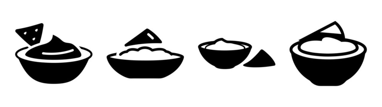 Collection of four black and white icons depicting bowls of dip or guacamole with tortilla chips, isolated on a