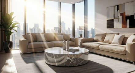 Luxury Modern Living Room with Marble Coffee Table and Sunlight Streaming Through Large Windows